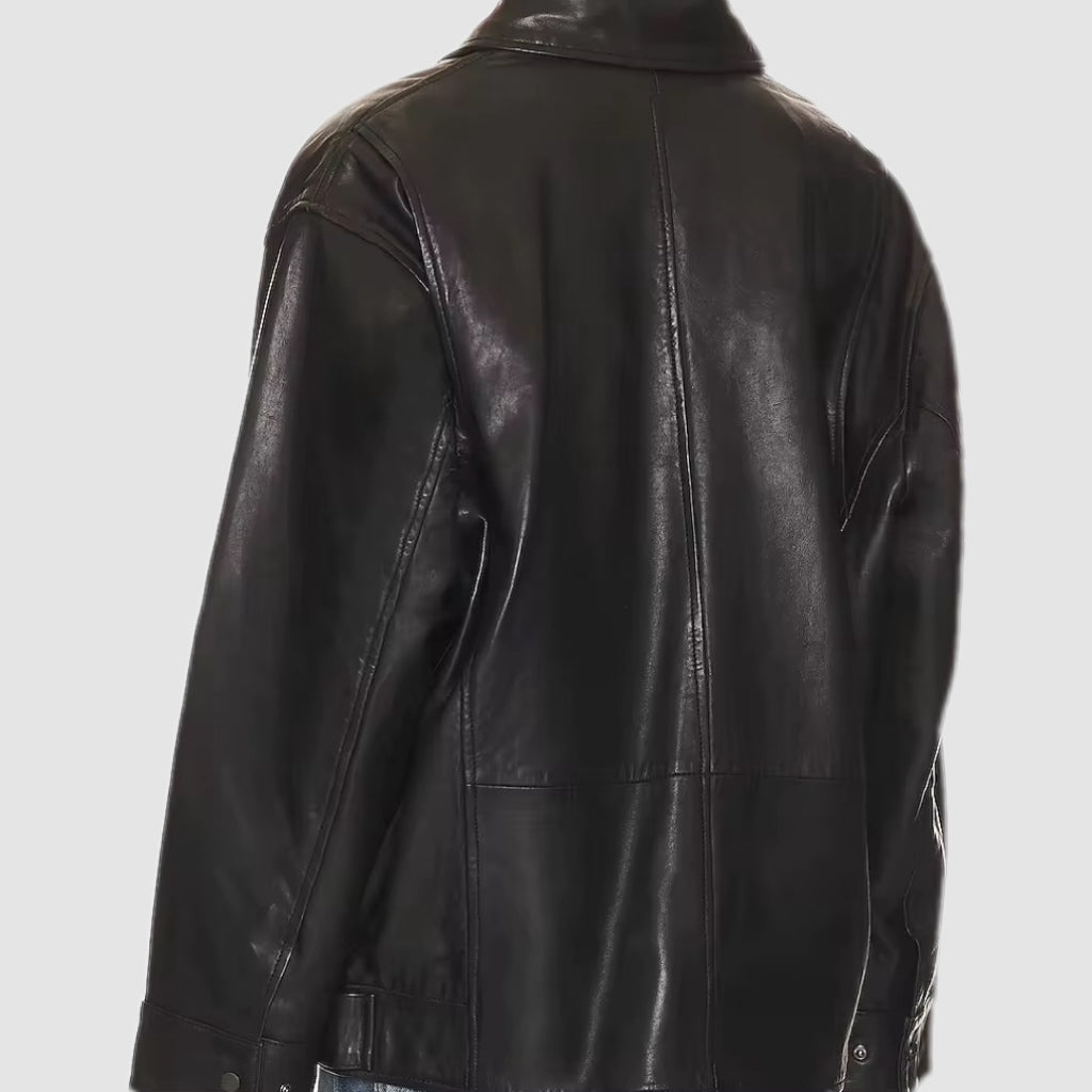 Black Oversized Leather Zip Jacket