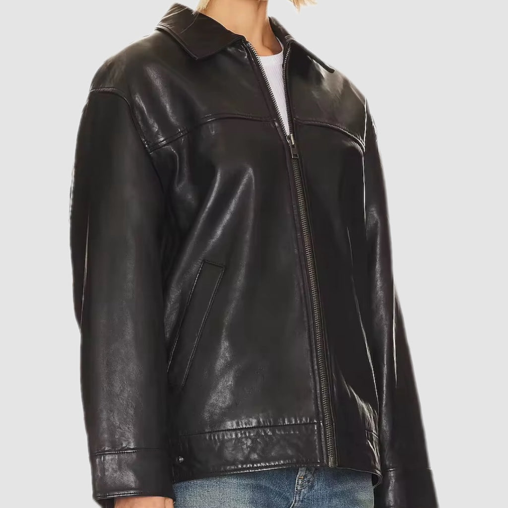 Black Oversized Leather Zip Jacket