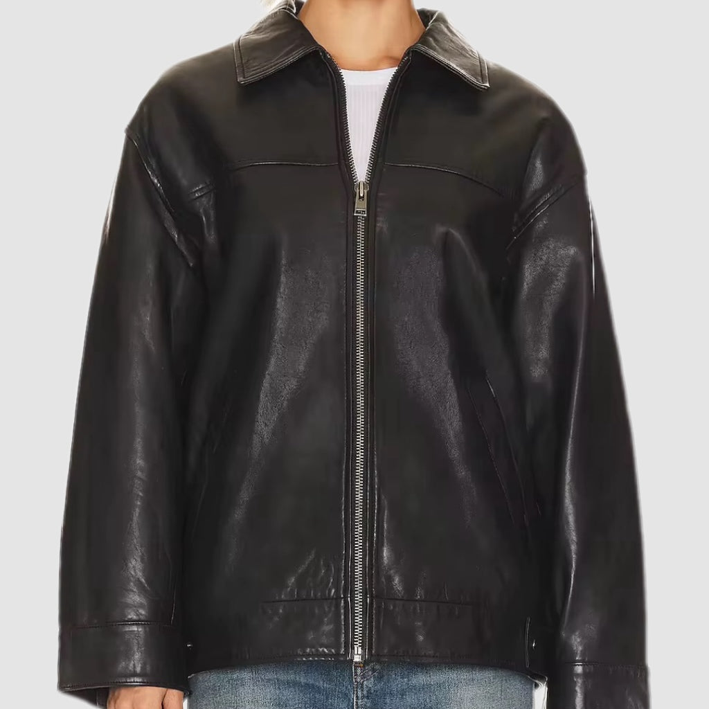 Black Oversized Leather Zip Jacket