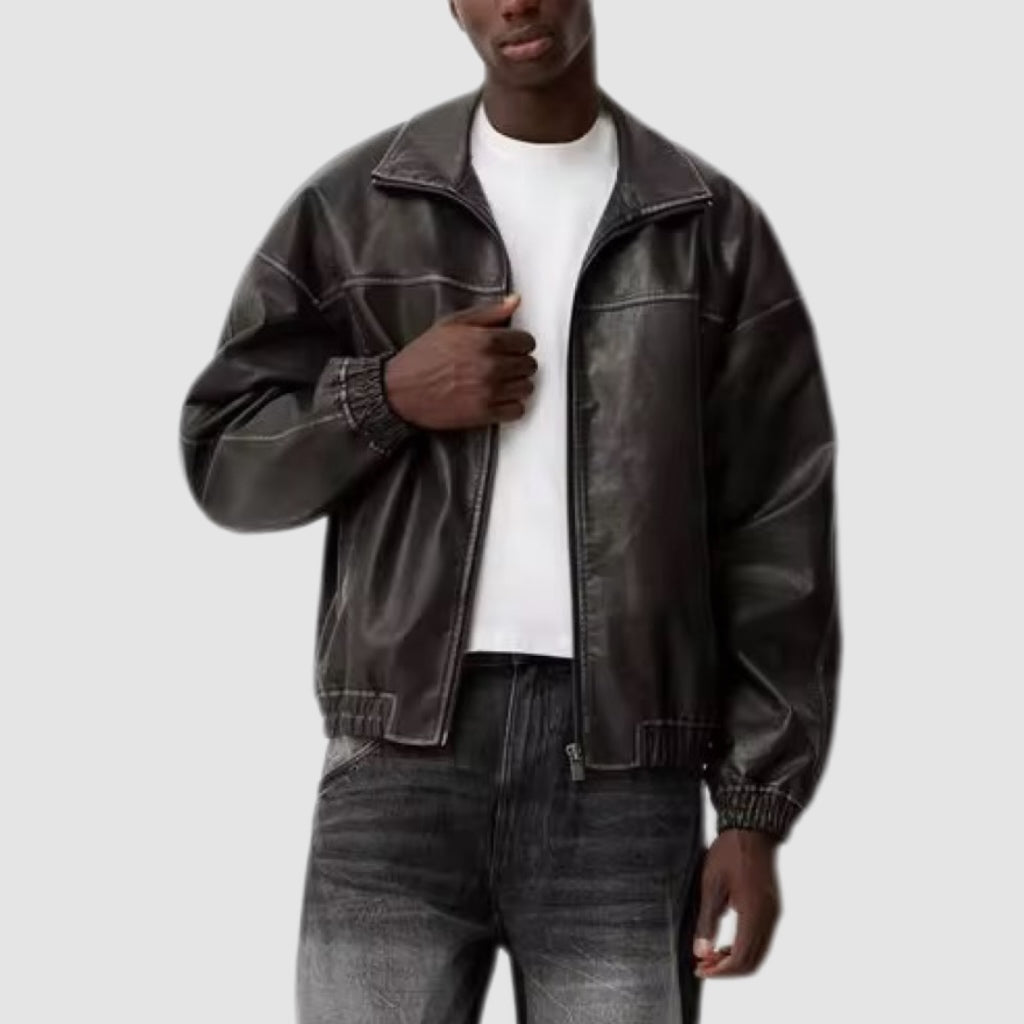 Relaxed Deep Brown Leather Zip Jacket