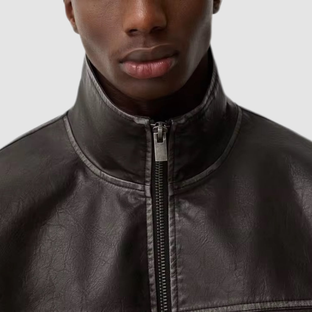 Relaxed Deep Brown Leather Zip Jacket