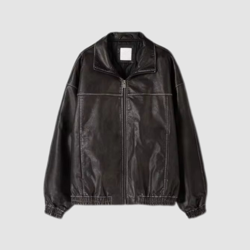 Relaxed Deep Brown Leather Zip Jacket