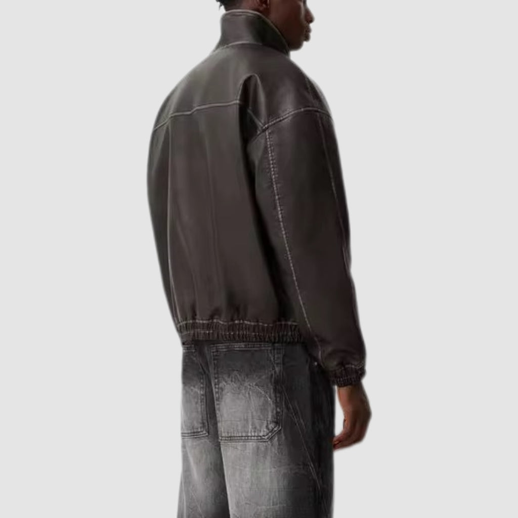 Relaxed Deep Brown Leather Zip Jacket