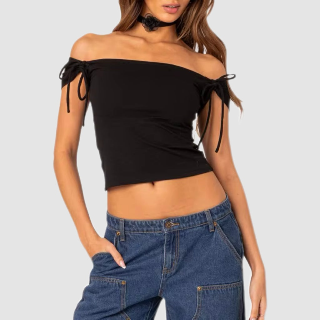 Black Off-Shoulder Tie Top