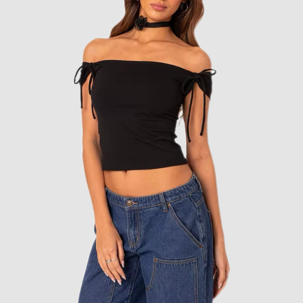 Black Off-Shoulder Tie Top