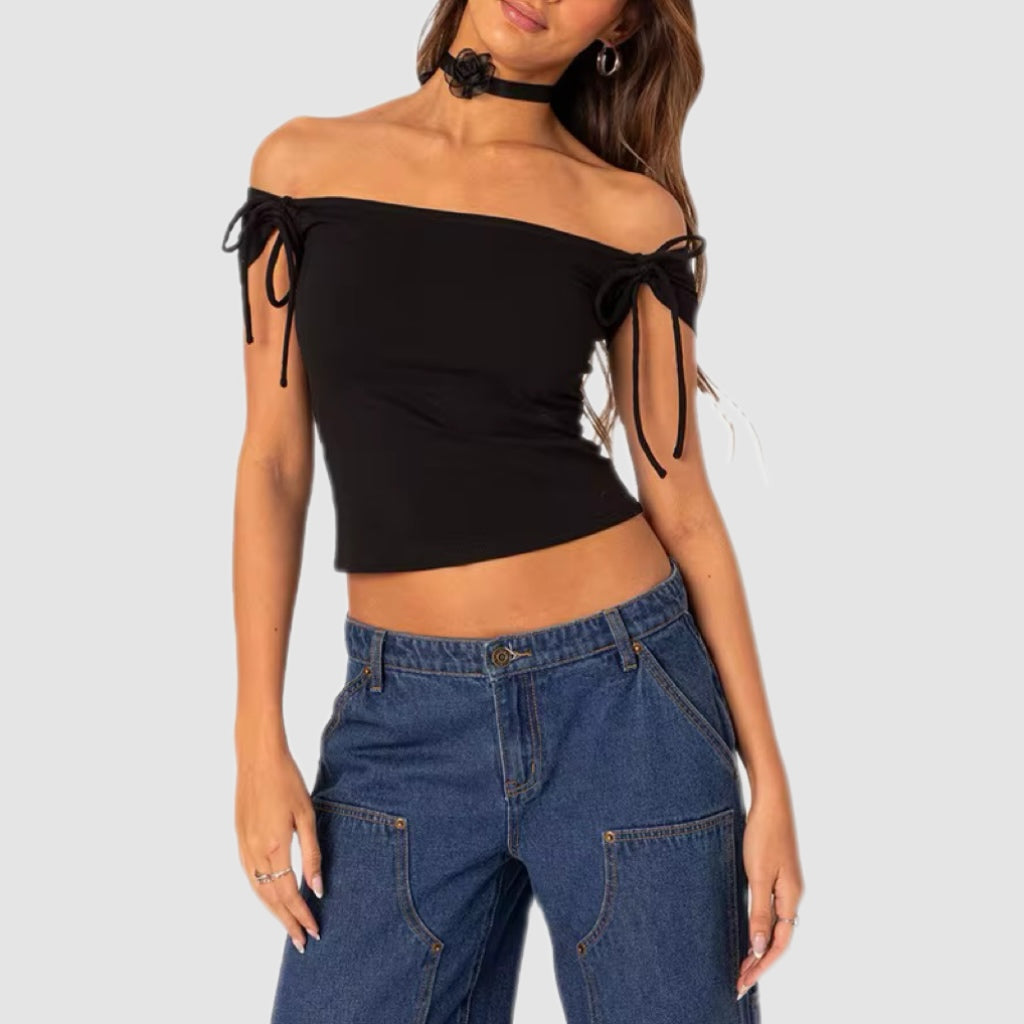 Black Off-Shoulder Tie Top