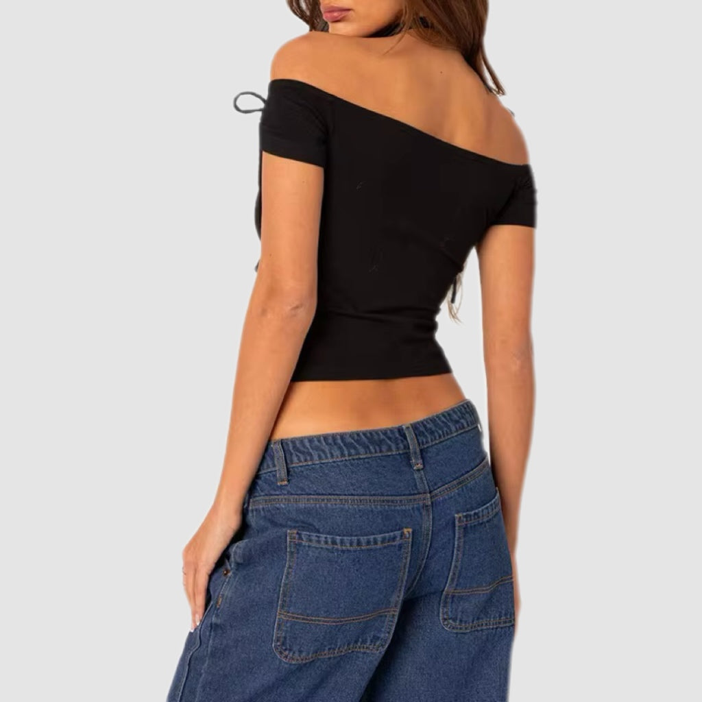 Black Off-Shoulder Tie Top