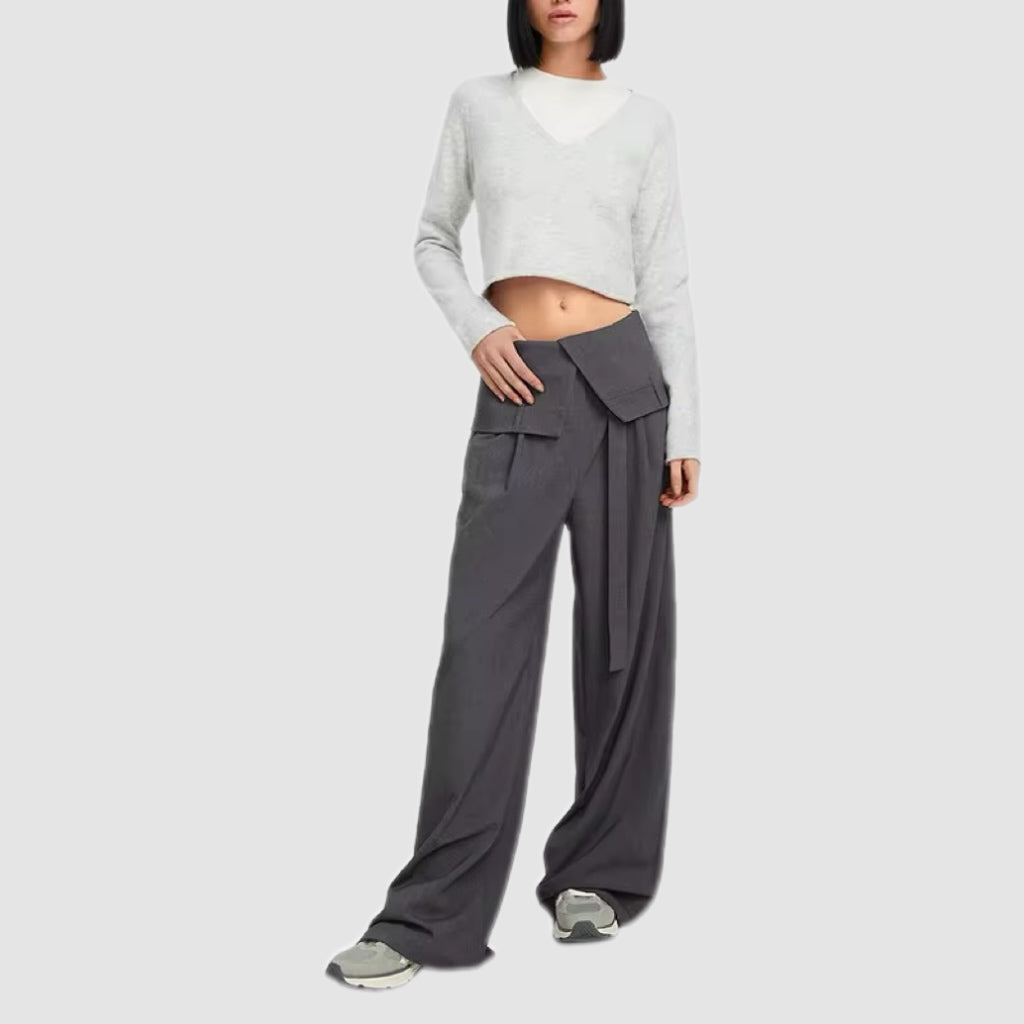 Charcoal Grey Wide-Leg Wrap Detail Pants