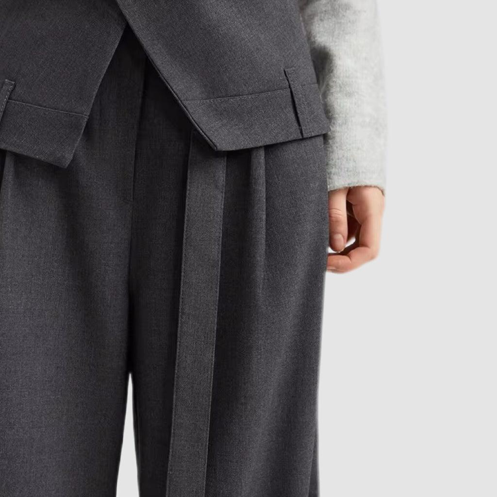 Charcoal Grey Wide-Leg Wrap Detail Pants