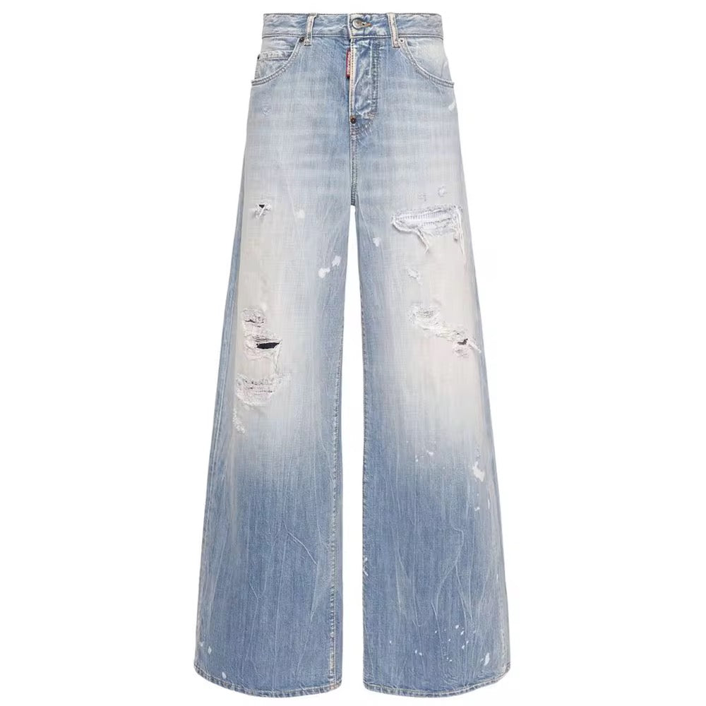 Custom-Distressed Blue Wash Baggy Jeans