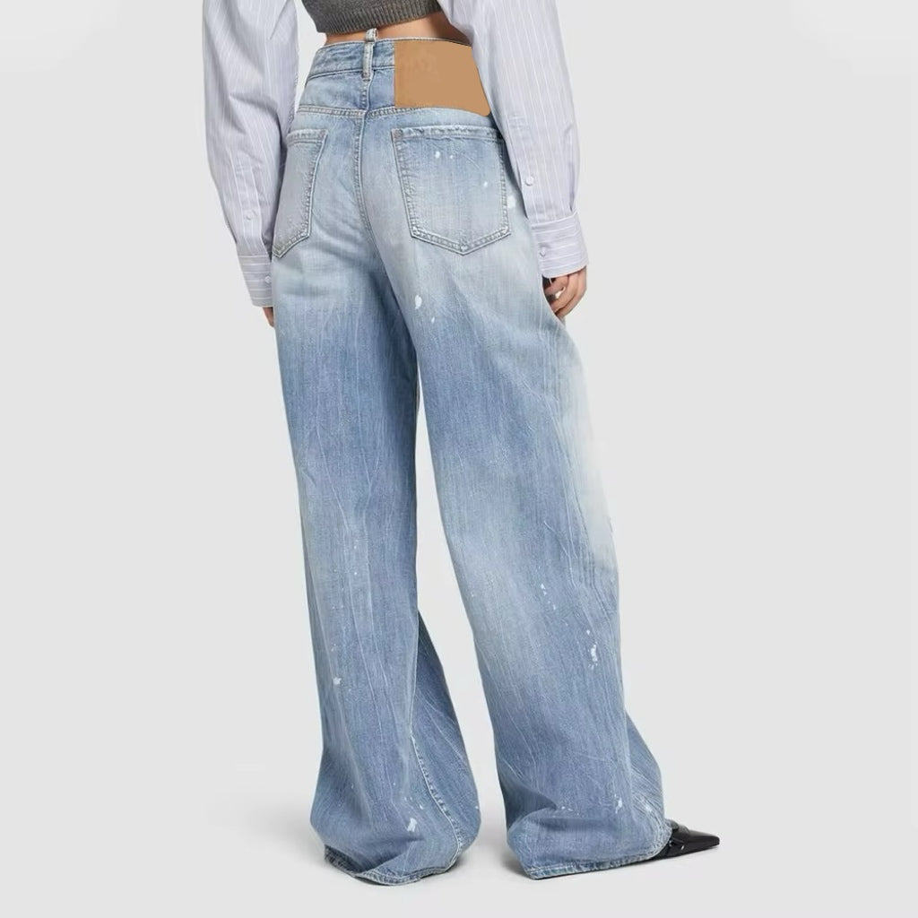 Custom-Distressed Blue Wash Baggy Jeans