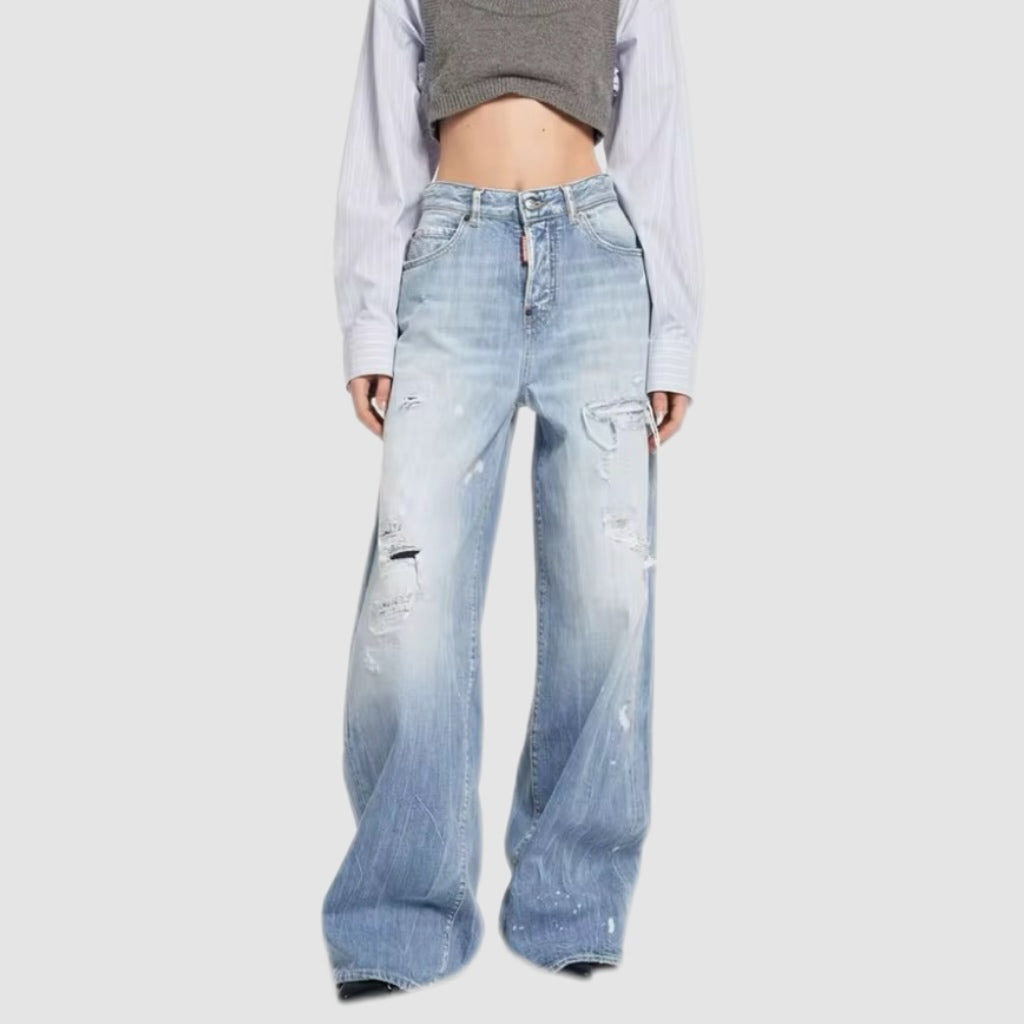 Custom-Distressed Blue Wash Baggy Jeans