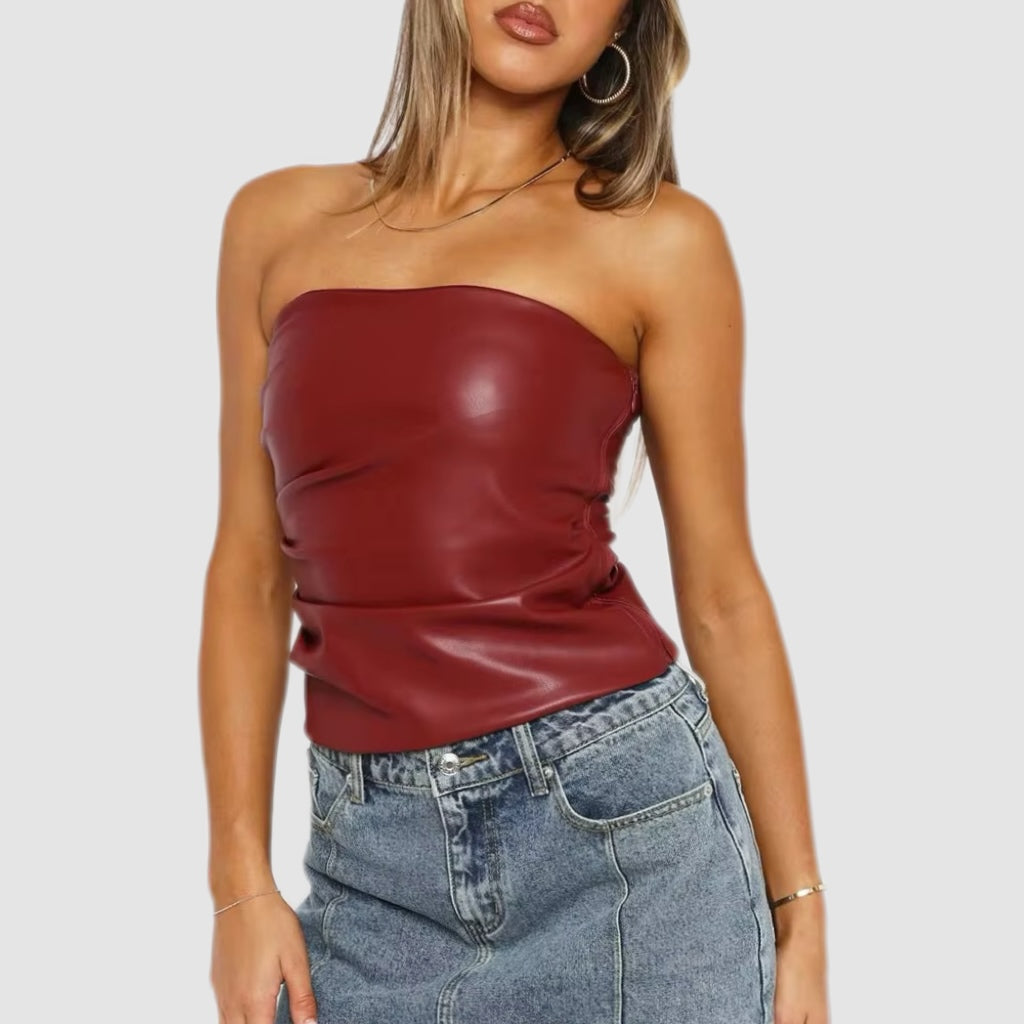 Deep Red Leather Strapless Tube Top