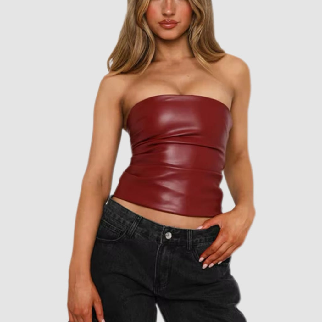 Deep Red Leather Strapless Tube Top