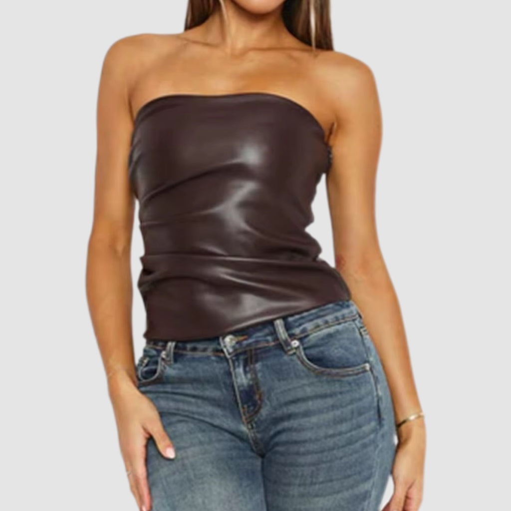 Mocha Brown Leather Strapless Tube Top