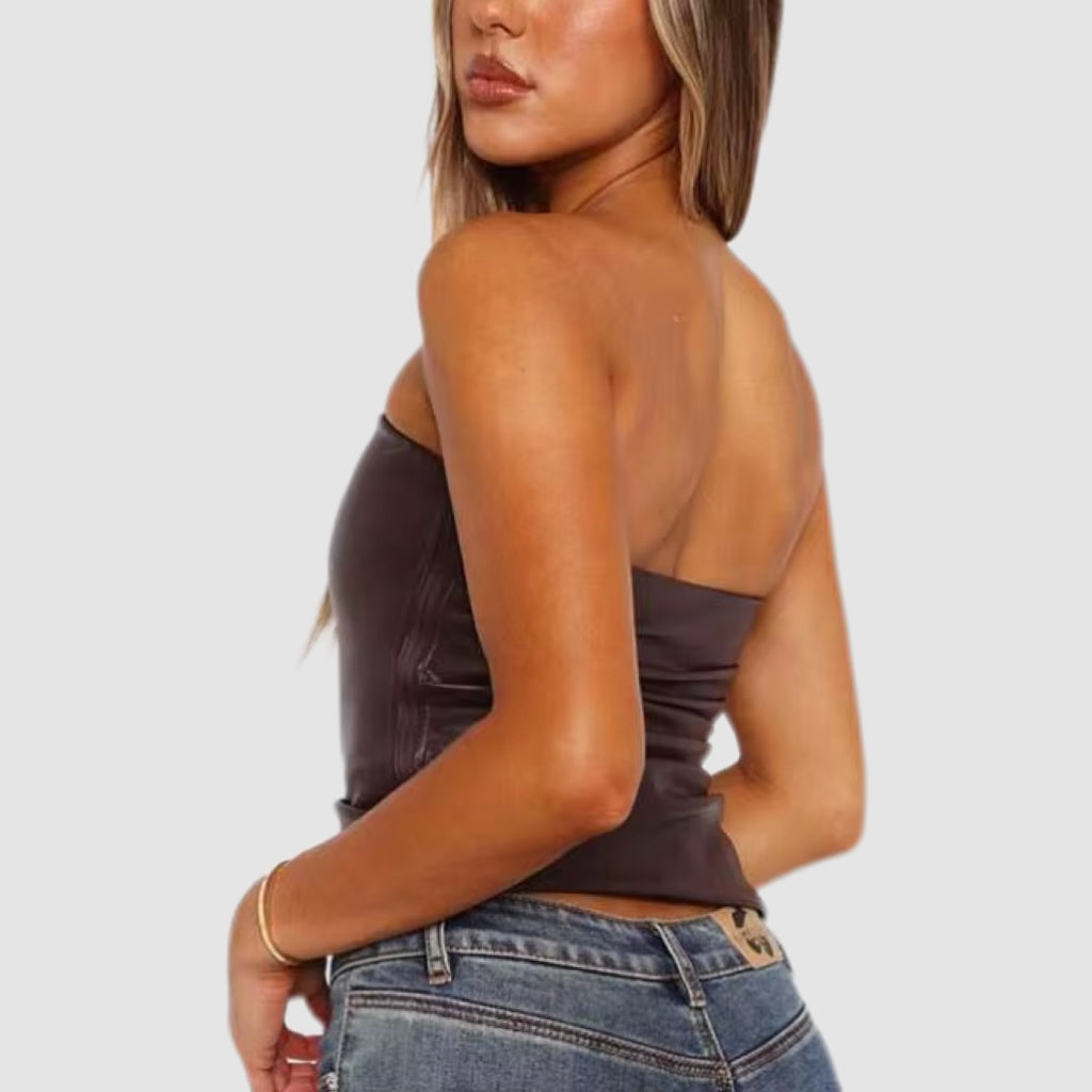 Deep Red Leather Strapless Tube Top
