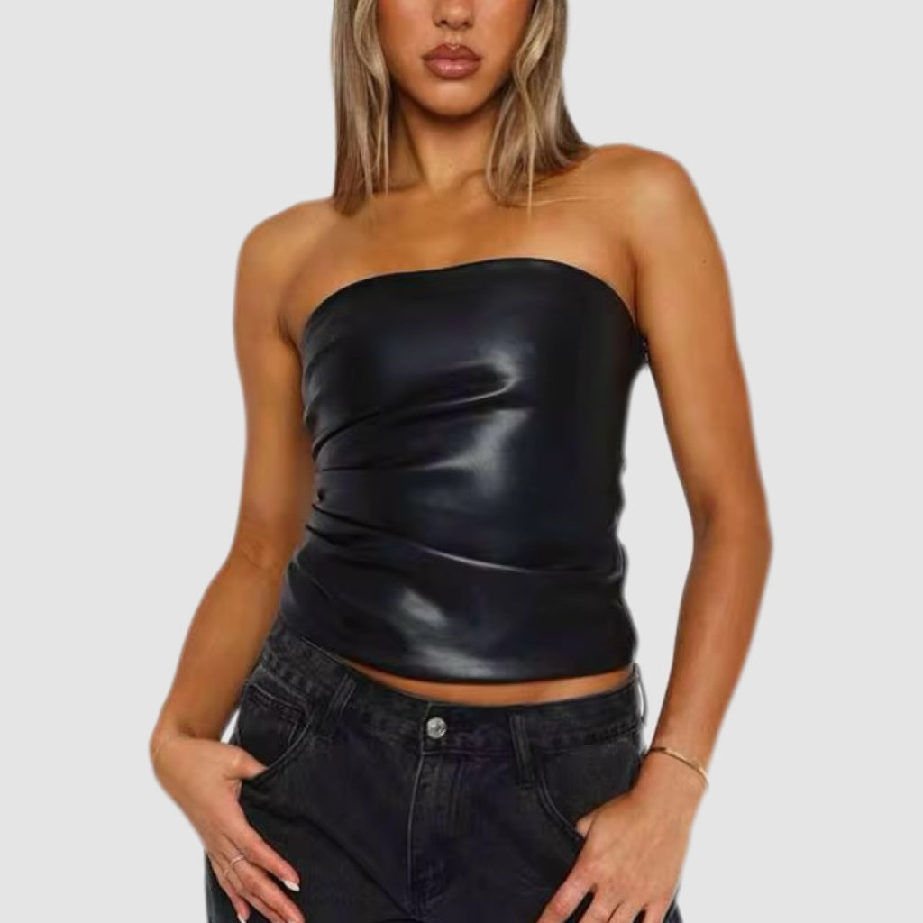 Jet Black Leather Strapless Tube Top