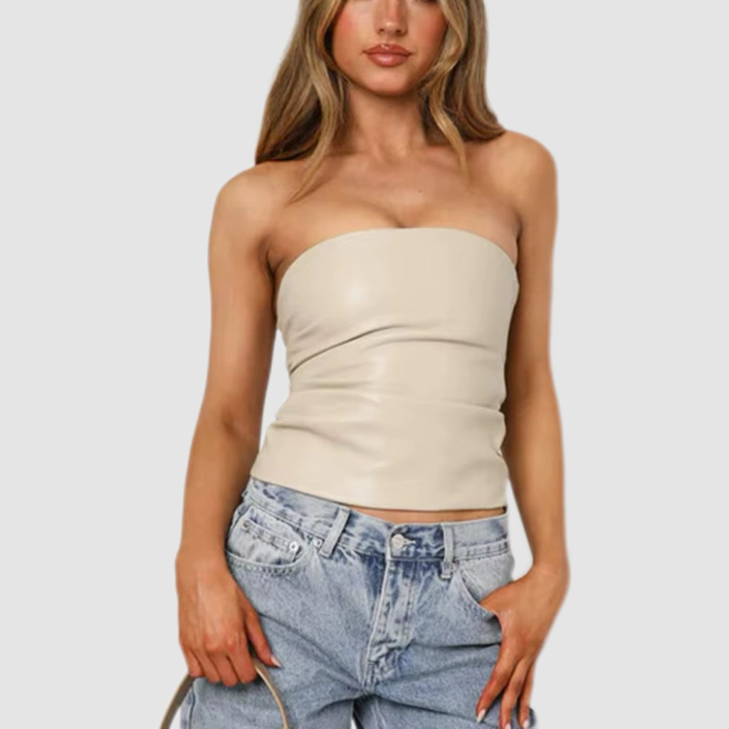 Deep Red Leather Strapless Tube Top