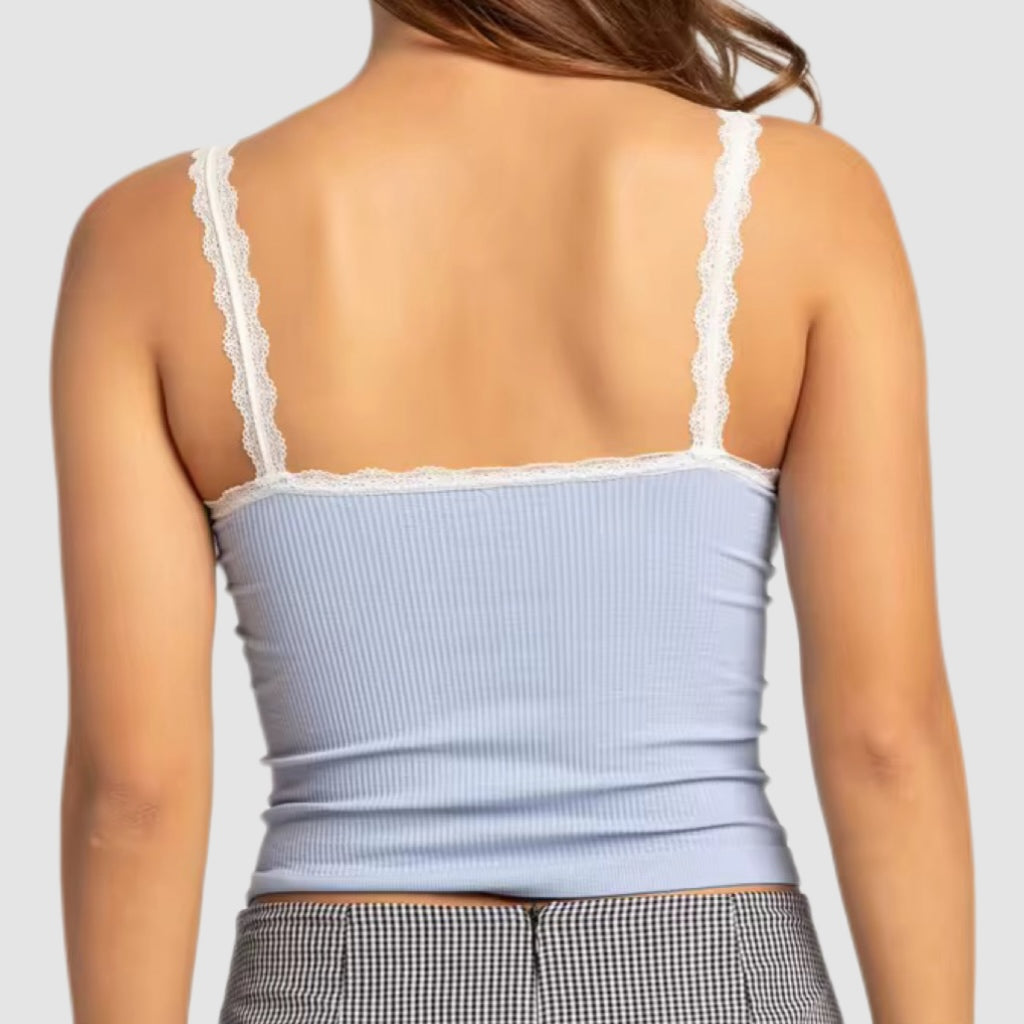 Baby Blue Lace Trim Ribbed Cami Top