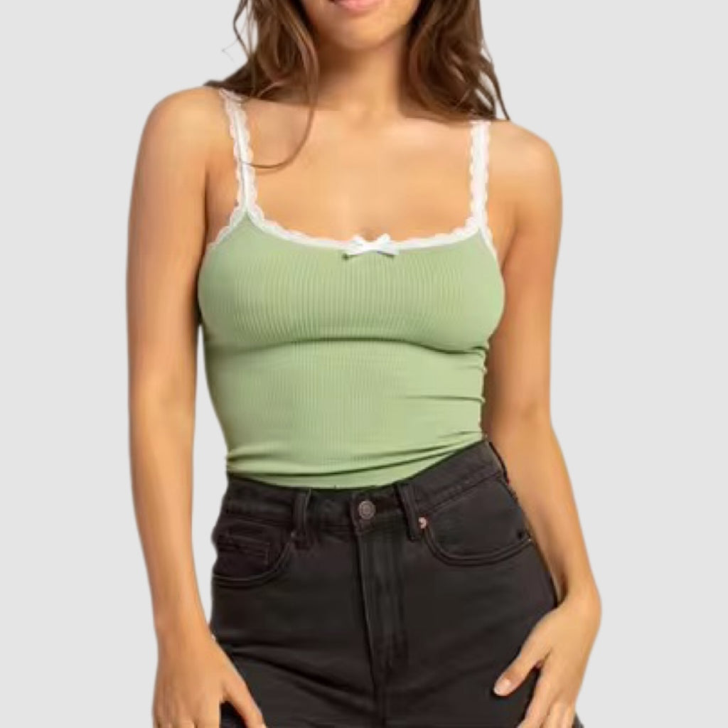Light Green Lace Trim Ribbed Cami Top
