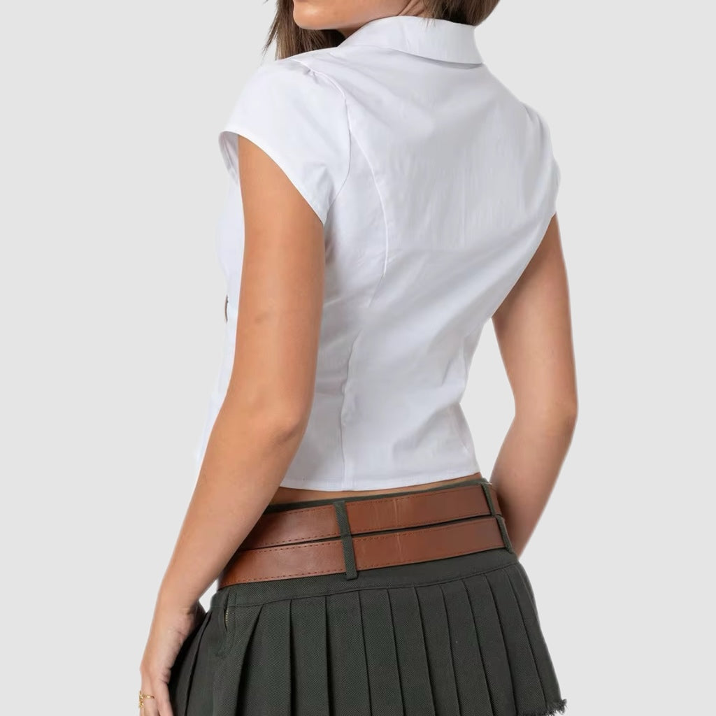 White Short-Sleeve Button-Up Slim Crop Blouse