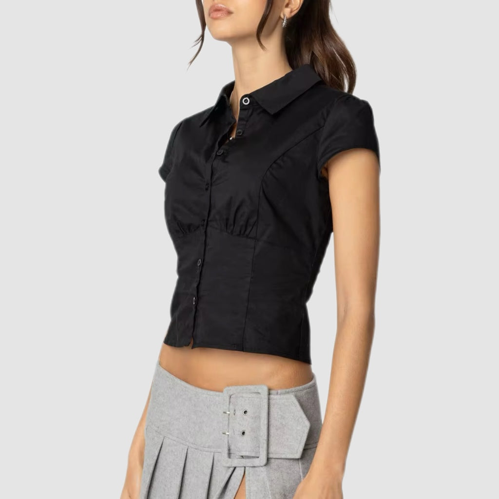 White Short-Sleeve Button-Up Slim Crop Blouse