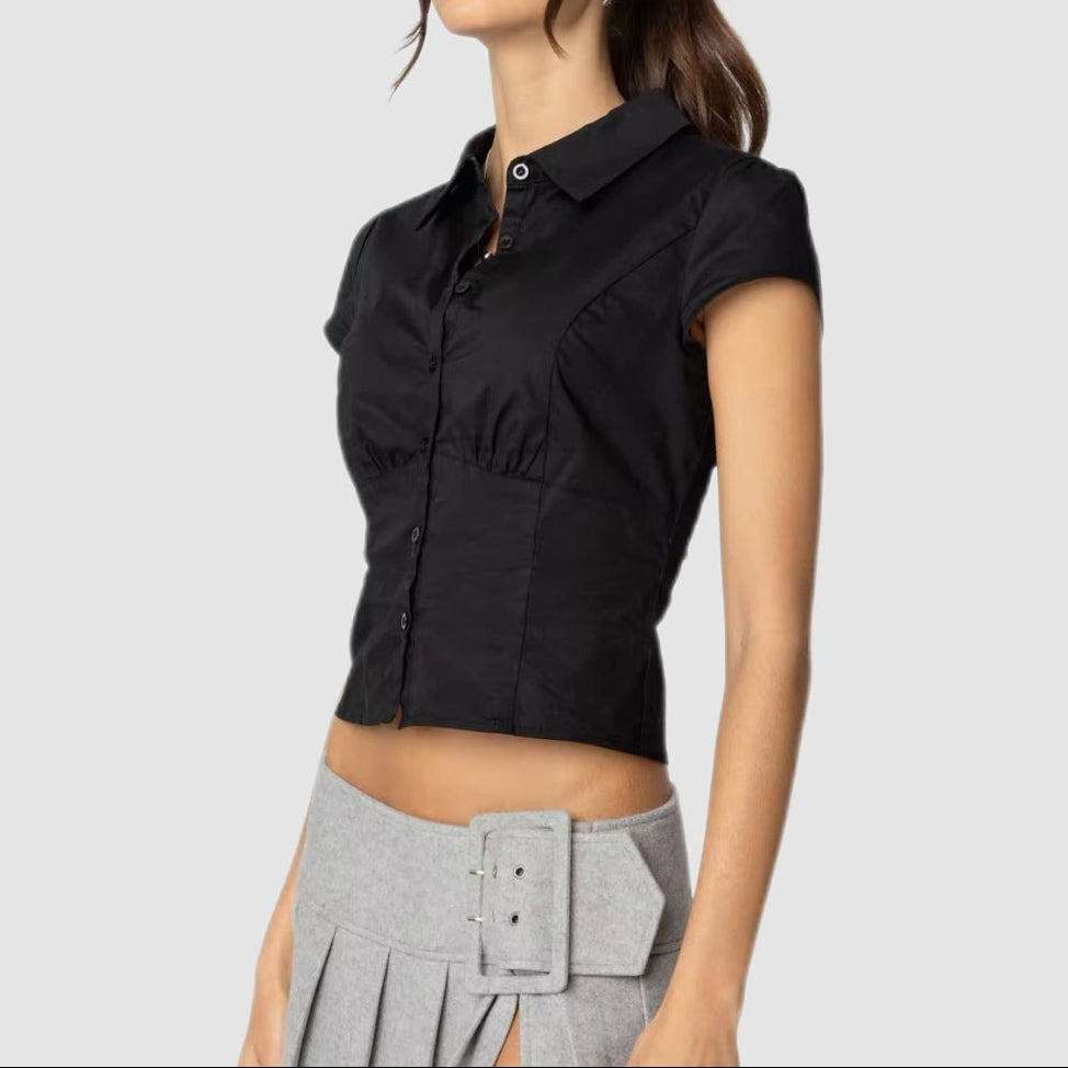 Black Short-Sleeve Button-Up Slim Crop Blouse