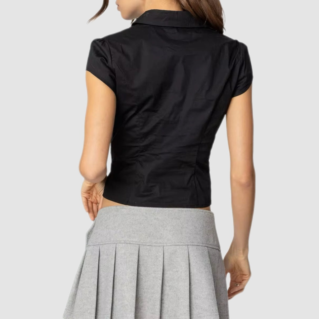 White Short-Sleeve Button-Up Slim Crop Blouse