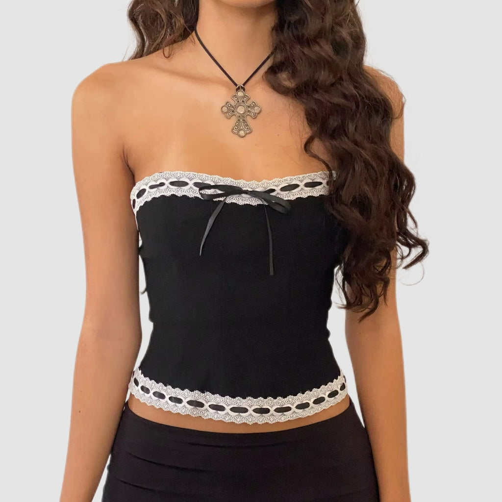 Black Lace-Trim Strapless Crop Top
