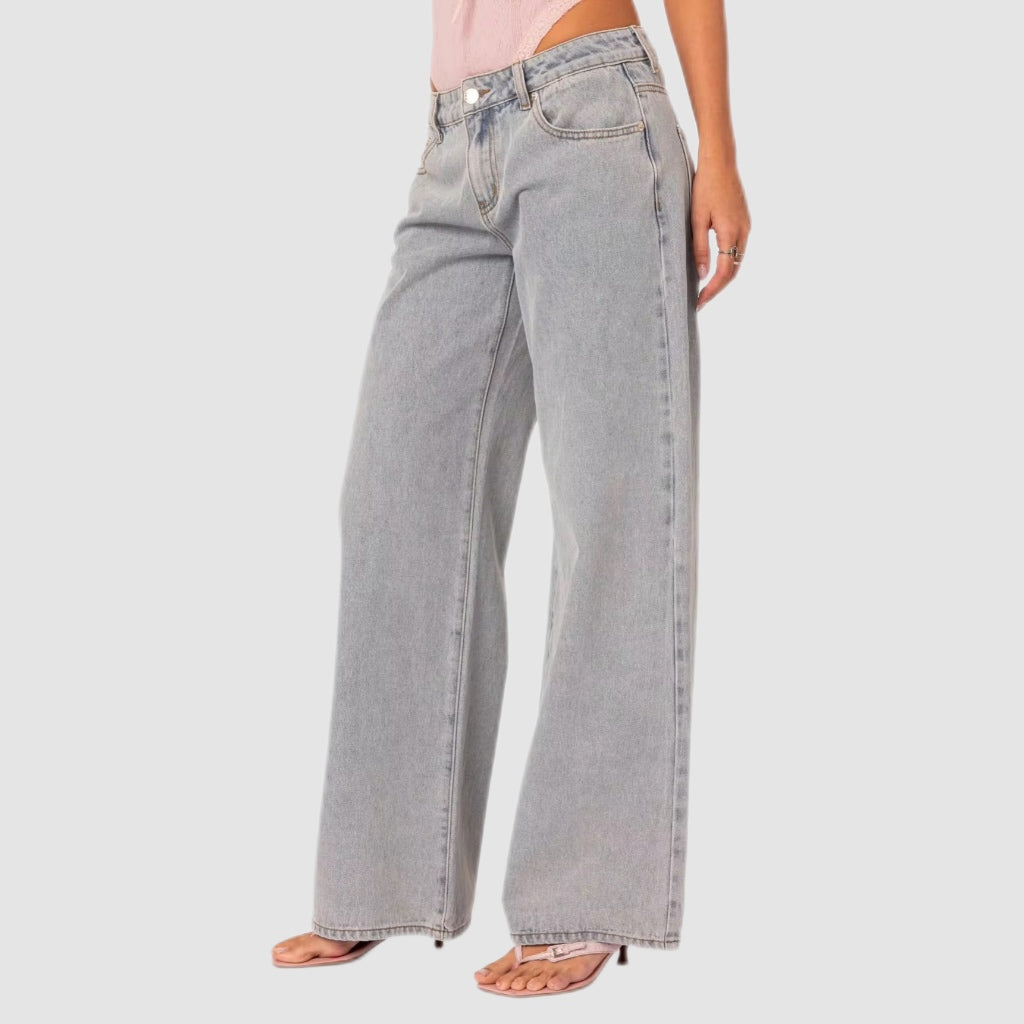 Pink Embroidery Light Blue Wash Wide-Leg Jeans