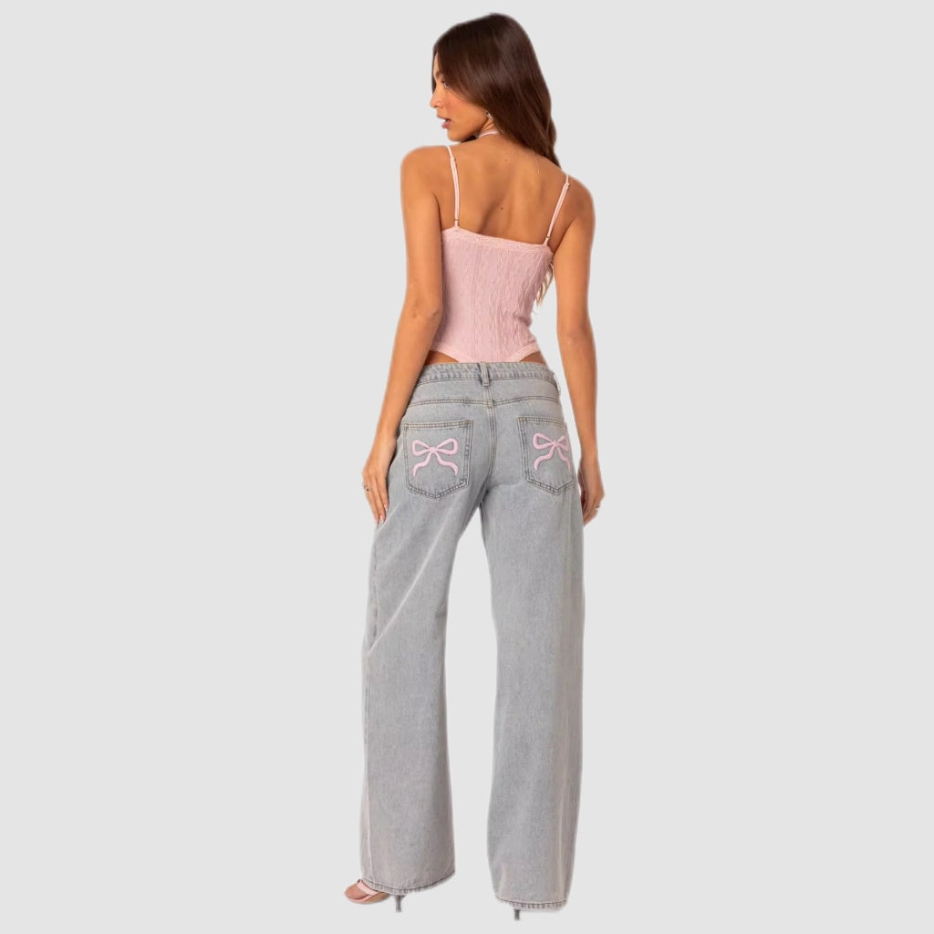 Pink Embroidery Light Blue Wash Wide-Leg Jeans