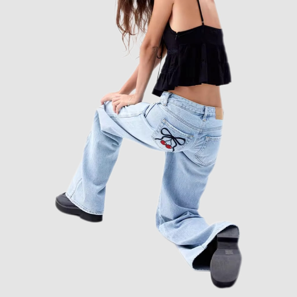 Mid-Waist Cherry Embroidered Baggy Jeans