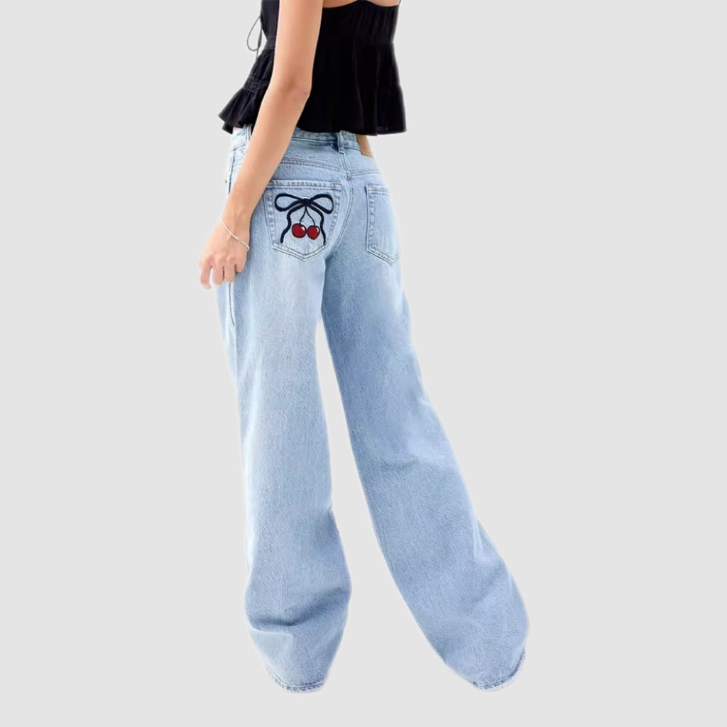 Mid-Waist Cherry Embroidered Baggy Jeans