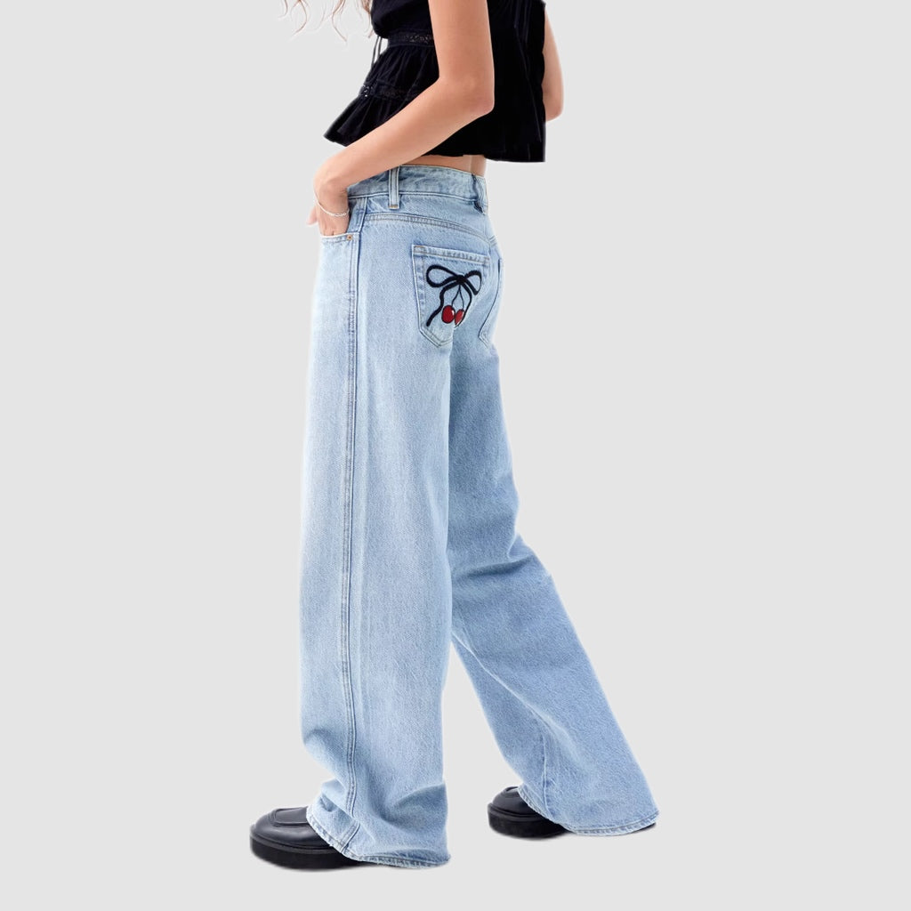 Mid-Waist Cherry Embroidered Baggy Jeans